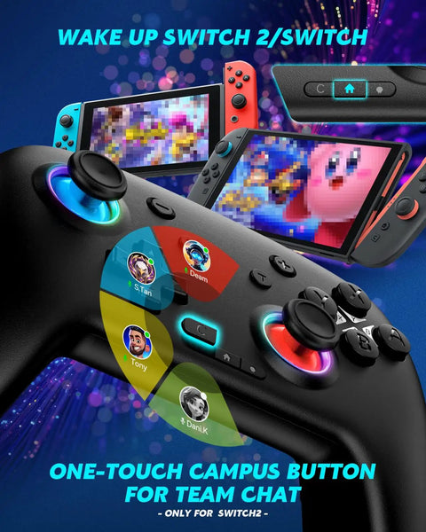 Enhanced Wireless Bluetooth Switch Controller for Nintendo with RGB Hall Effect Joysticks and Team Chat Button