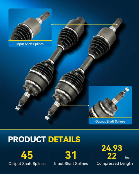 Built Like A Tank Front CV Axle Shaft Assembly For Ford F-150 2009 To 2014 4WD showcasing input and output shaft splines details.