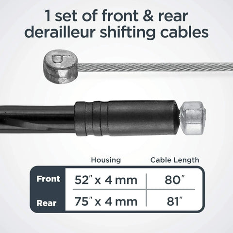 Bike Cable Tune Up Kit With Replacement Brake And Derailleur Cables, showing sizing details for front and rear cables