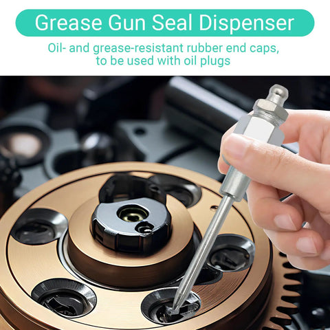 Grease Gun Needle Accessory Kit 7 Piece Set With 5 Precision Nozzles 1 Heavy Duty Dispenser 1 Rubber Nipple Adapter And Fitting Couplers For Narrow Tight And Deep Spaces. Hand holding metal grease dispenser over automotive component.