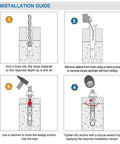 Installation guide for Wedge Anchor For Concrete One Quarter Inch Diameter By Two And One Quarter Inch Length Zinc Plated Heavy Duty Carbon Steel Fasteners, illustrating drilling, debris removal, hammering, and torque wrench tightening.