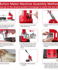 Heavy Duty Metal Button Maker Machine Pro Setup 32MM And 58MM Pin Press Kit assembly method steps with machine parts and tools.