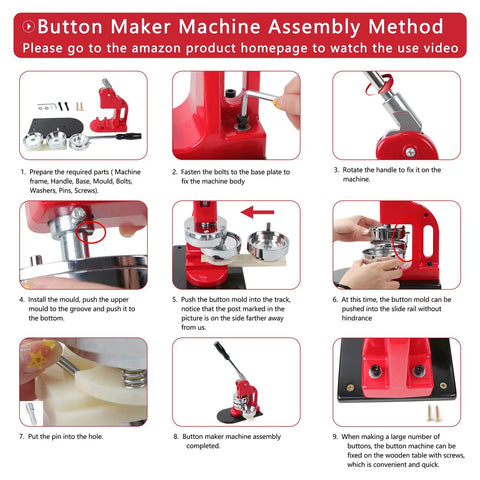 Heavy Duty Metal Button Maker Machine Pro Setup 32MM And 58MM Pin Press Kit assembly method steps with machine parts and tools.