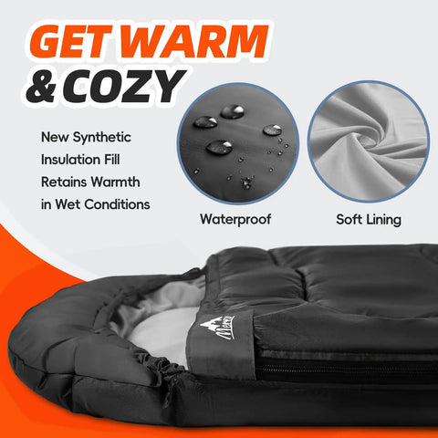 Oversized 4 Season Sleeping Bag For Adults And Big And Tall Campers Boxy Fit features waterproof shell and soft lining