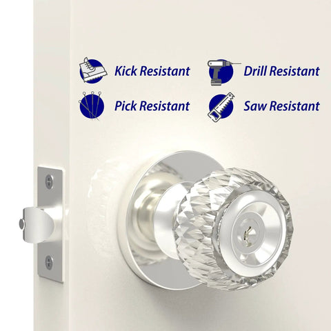 Crystal Privacy Door Knob With Lock For Bedroom And Bathroom, Easy Install Interior Door Handle With Keys, No Fuss Entrance Lock For Home Office, Modern Crystal Round Knob For Secure Privacy And Quiet Entry, showing kick, drill, pick, saw resistant features.