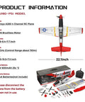 P51 Mustang 4 Channel RC Airplane With Lights, 6G and 3D Brushless Power, product specifications and box contents overview.