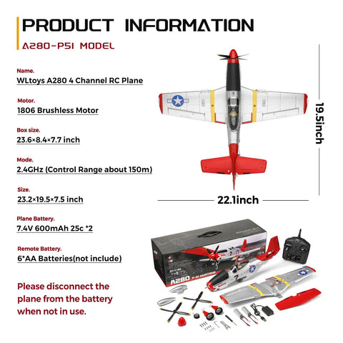 P51 Mustang 4 Channel RC Airplane With Lights, 6G and 3D Brushless Power, product specifications and box contents overview.