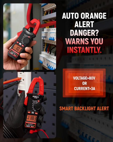 5 in 1 Digital Clamp Meter With Auto Ranging, 400A AC Current, 600V AC DC Voltage, Resistance, Continuity And Diode Testing, 2000 Count Resolution, Portable Pocket Sized Multimeter For Pros And DIY, held near panel