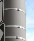 Center Punch Clamp Built From Galvanized Carbon Steel, 5/8 Inch Wide, installed on a pole, illustrating application flexibility.