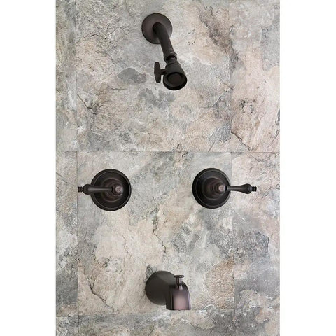 Twin Handle Tub And Shower Faucet With Decor Lever In Oil Rubbed Bronze Wall Mount Bath Fixture With Five Inch Spout Reach