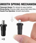 Heavy Duty Cabinet Door Repair Pins 8 Piece Kit Spring Loaded Hinge Dampers shown, hand holding one pin, telescopic black design.