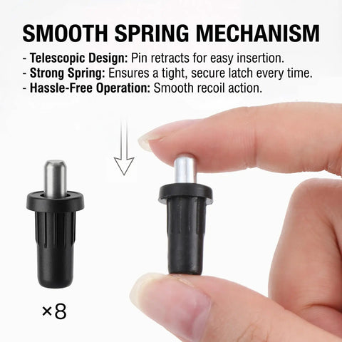 Heavy Duty Cabinet Door Repair Pins 8 Piece Kit Spring Loaded Hinge Dampers shown, hand holding one pin, telescopic black design.
