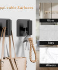 4 Pack Heavy Duty Wall Hooks Set With 26lb Max Load, Matte Black hooks holding bag and keys on tile wall, applicable surfaces shown.