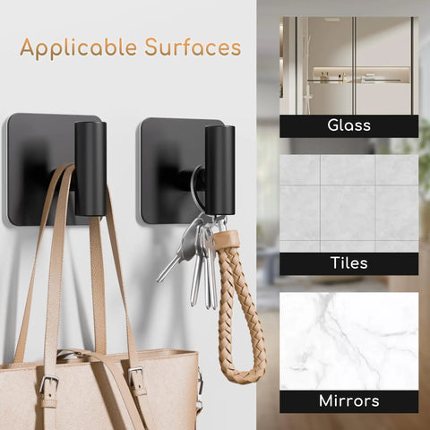 4 Pack Heavy Duty Wall Hooks Set With 26lb Max Load, Matte Black hooks holding bag and keys on tile wall, applicable surfaces shown.