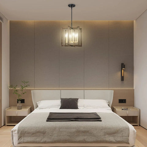 Bedroom with Six Light Farmhouse Ceiling Light With Adjustable Height Hand Painted Wood Finish Semi Flush Mount Black Rustic Pendant