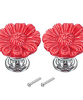 Slick Vintage Floral Ceramic Cabinet Knobs In Rich Red, Sharp Round Drawer Pull Handles For Kitchen Or Bathroom, Legit Zinc Alloy Mounting, Top Shelf Cabinetry Refresh, Arrives Fully Equipped To Hang Easy And Look Fly, set of two red ceramic flower knobs with chrome mounts.