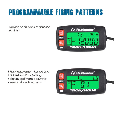 Hour Meter And RPM Tachometer With RPM Alert One Button Data Check Total Engine Hours Dual SVC And SVC2 Countdown Timers Resettable Job Timer Red Button Edition For Easy On The Fly Engine Monitoring, programmable firing patterns display