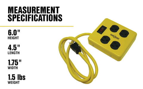 Heavy Duty Metal Power Block With Four Grounded Outlets, Lighted Switch, Four Foot Yellow Cord, 14 Gauge, Built In 15 Amp Circuit Breaker