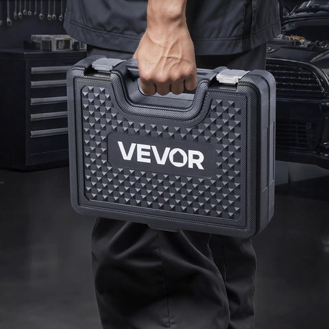 VEVOR bicycle bearing press kit case, black hard plastic with geometric diamond texture, front view.