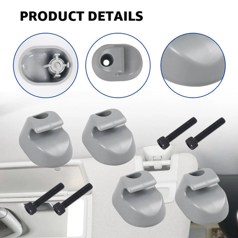 Four pack sun visor clip set for Kenworth Peterbilt gray interior bone replacement parts S16 1023 661 F01377 shown with screws