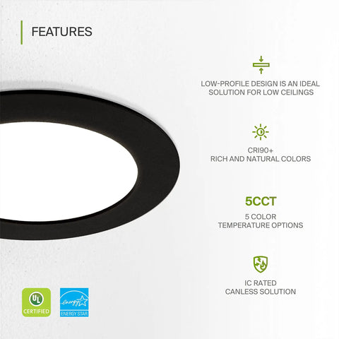 Features of Six-Pack 4-Inch Recessed LED Canless Downlights, 5 CCT 2700K–5000K, 12W Dimmable, Ultra-Thin, Energy Star, White