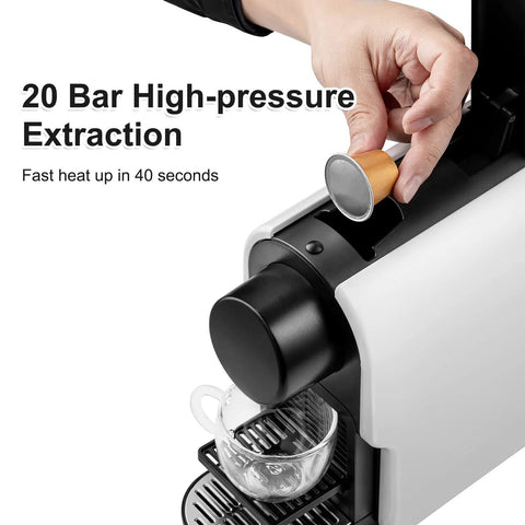Compact Mini Espresso Machine Compatible With Original Line Pods, 20 Bar High Pressure Pump brewing espresso with capsule