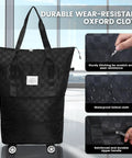 Foldable Travel Bag With Removable 360 Degree Wheels, Checkerboard Black Oxford Cloth, Durable Zippers, Expandable 25L to 55L.