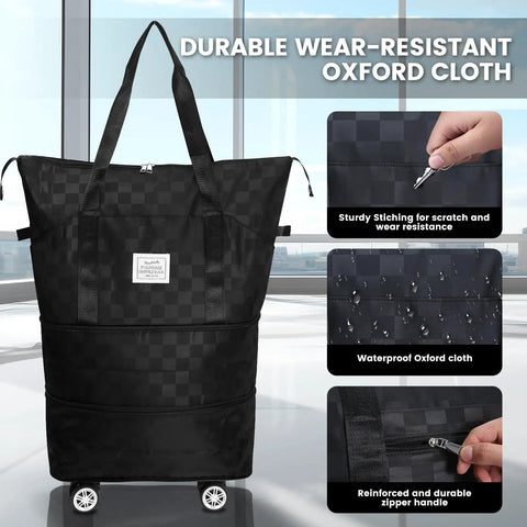 Foldable Travel Bag With Removable 360 Degree Wheels, Checkerboard Black Oxford Cloth, Durable Zippers, Expandable 25L to 55L.
