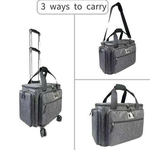 Rolling Sewing Machine Bag With Five 360 Degree Rotating Wheels And Hard Bottom Pad for versatile carrying options.