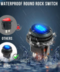 Close-up of Waterproof 12V Toggle Switch Kit 2 Pack With Heavy Duty Blue LED Light Round Rocker Panel in water comparison