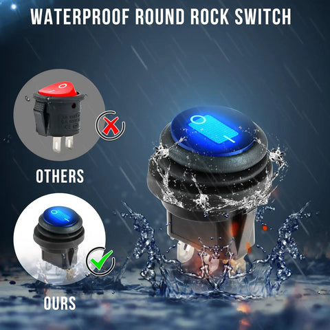 Close-up of Waterproof 12V Toggle Switch Kit 2 Pack With Heavy Duty Blue LED Light Round Rocker Panel in water comparison