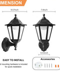 Dimensions of Motion Activated Outdoor Porch Light With Waterproof Exterior Sconce Featuring Motion Sensor No Fuss Easy Install Black Anti Rust Plastic LED Lamp For Front Door Garage Patio And House Exterior. Image includes mounting hardware and dimensions chart.