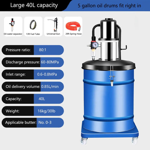 Portable Grease Pump With Oil Water Separator And Explosion Proof Tubing 80 to 1 Air Operated Lubrication Gun For 5 Gallon Drums 0.85 L/min in blue with large capacity and four wheels.