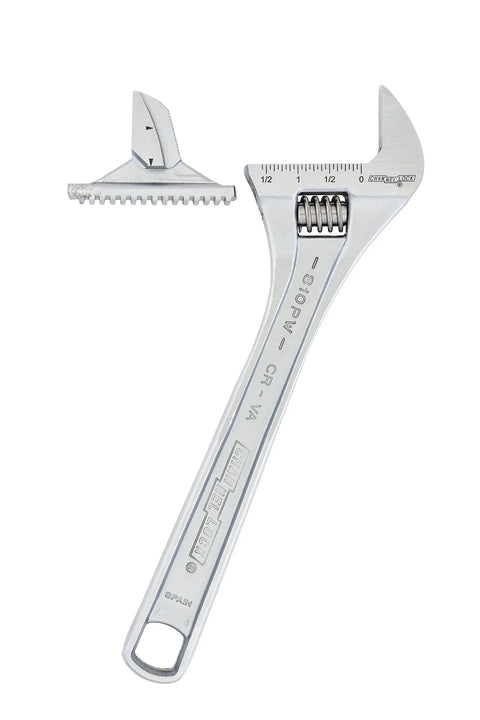 Six Inch Reversible Jaw Adjustable Wrench With Smooth Action, Heavy Duty Alloy Steel, showing reversible jaw and comfy grip.