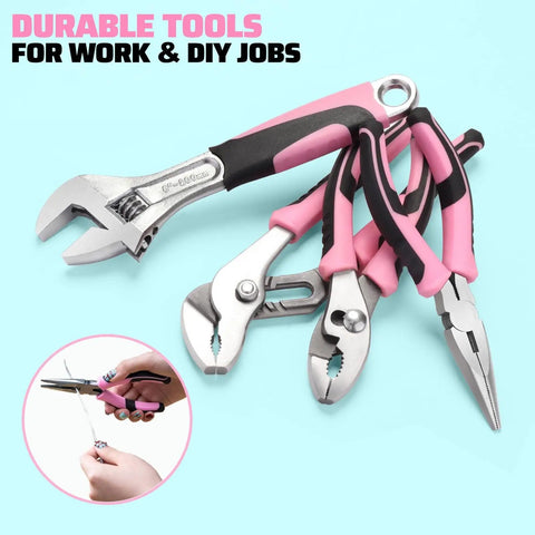 Pink pliers set from the 269 Piece All-In-One Home Tool Set With Storage Bag For DIY Projects And Everyday Home Maintenance