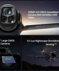 Close-up of Mavic 4 Pro Drone Fly More Kit With RC 2 Controller, showing 100MP Hasselblad camera, dual tele cameras, and night vision.