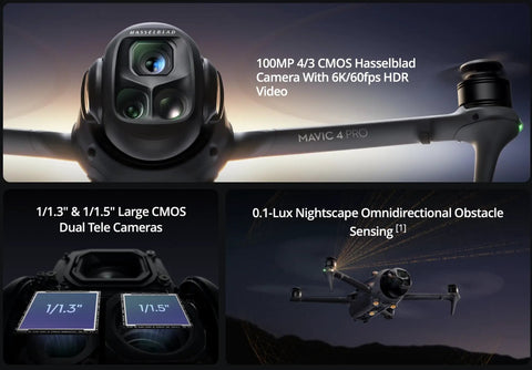 Close-up of Mavic 4 Pro Drone Fly More Kit With RC 2 Controller, showing 100MP Hasselblad camera, dual tele cameras, and night vision.