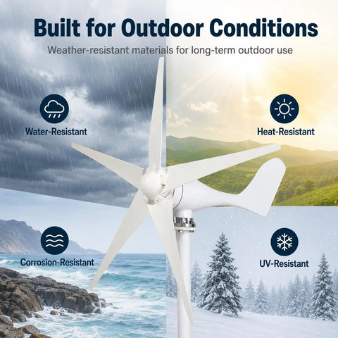Powerful 1200W Wind Turbine Generator Kit For Home Use With 5 Blade System in various weather conditions