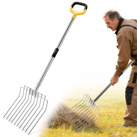 50 Inch Stainless Steel Garden Pitchfork With 10 Tine Head, Heavy Duty One Piece Construction in use for mulching hay