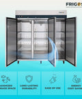 Top Shelf 78 Inch Triple Door Reach In Freezer 72 Cubic Feet Stainless Steel Commercial Kitchen Cold Storage Workhorse Flexible Rack System Etl Certified, showing open doors and interior shelves.