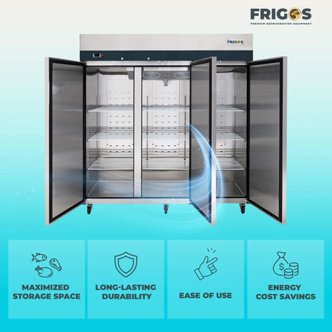 Top Shelf 78 Inch Triple Door Reach In Freezer 72 Cubic Feet Stainless Steel Commercial Kitchen Cold Storage Workhorse Flexible Rack System Etl Certified, showing open doors and interior shelves.