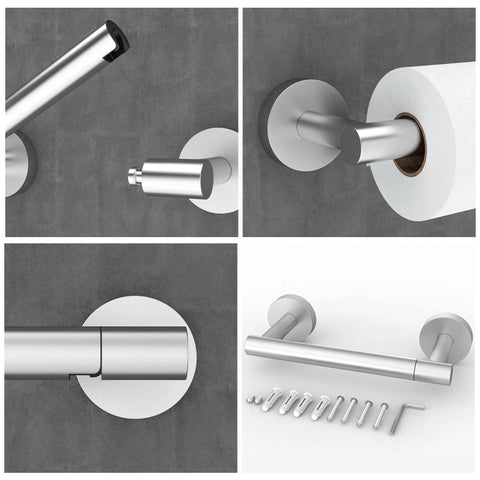 Wall Mount Double Post Pivoting Toilet Paper Holder in Brushed Nickel, SUS304 Stainless Steel Rustproof Design, close-ups and installation kit