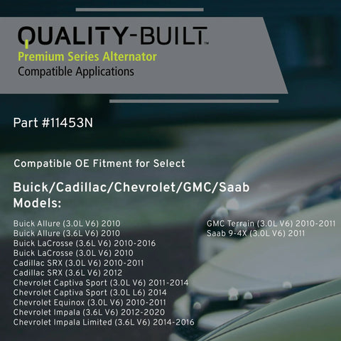 New 11453N Alternator For 2010 2020 GM Vehicles Including Buick Cadillac Chevrolet GMC Saab Equinox Terrain LaCrosse SRX Impala And More OE Spec Power, text overlay on car image