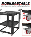 Heavy Duty Steel Power Tool Stand With Smooth Rolling Wheels And Height Adjustable Setup featuring 4 casters for mobility and stability.