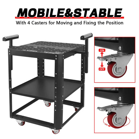 Heavy Duty Steel Power Tool Stand With Smooth Rolling Wheels And Height Adjustable Setup featuring 4 casters for mobility and stability.
