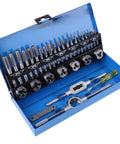 Heavy Duty 32 Piece Thread Tap And Die Set Made From Strong Alloy Steel Includes Adjustable Wrench Pitch Gauge For Fixing Metal Threading On Cars And Machinery Fast. Open blue metal case with M3-M12 taps, dies, wrench, and gauge