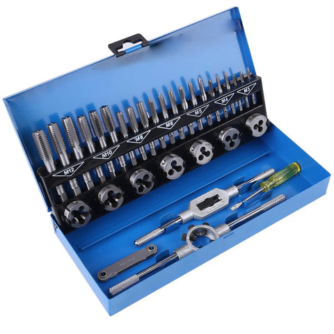 Heavy Duty 32 Piece Thread Tap And Die Set Made From Strong Alloy Steel Includes Adjustable Wrench Pitch Gauge For Fixing Metal Threading On Cars And Machinery Fast. Open blue metal case with M3-M12 taps, dies, wrench, and gauge