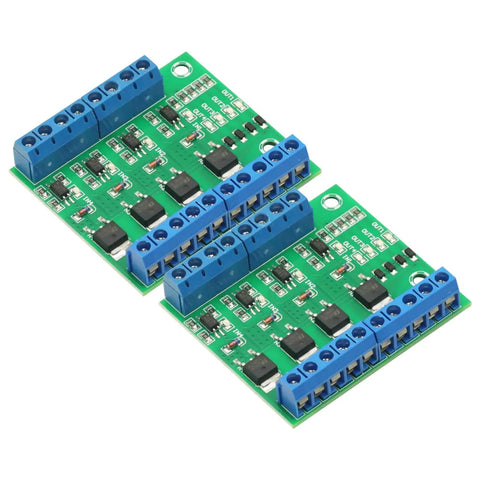 4 Channel MOSFET F5305S Pulse Trigger Switch Controller With PWM Input Isolation for Motors and LEDs, dual green circuit boards.