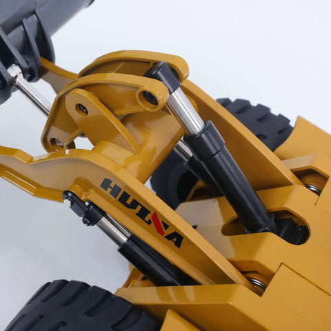 Close-up of Powerful 1 To 14 Scale RC Wheel Loader's hydraulic lifting system and alloy construction detail