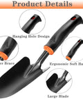 Close-up of Heavy Duty Garden Trowel with ergonomic non-slip grip, rust-resistant finish, large blade, and hanging hole design.